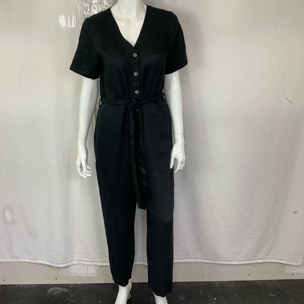 Everlane Women's Black Linen Short Sleeve Cropped Straight Leg Jumpsuit Size 6